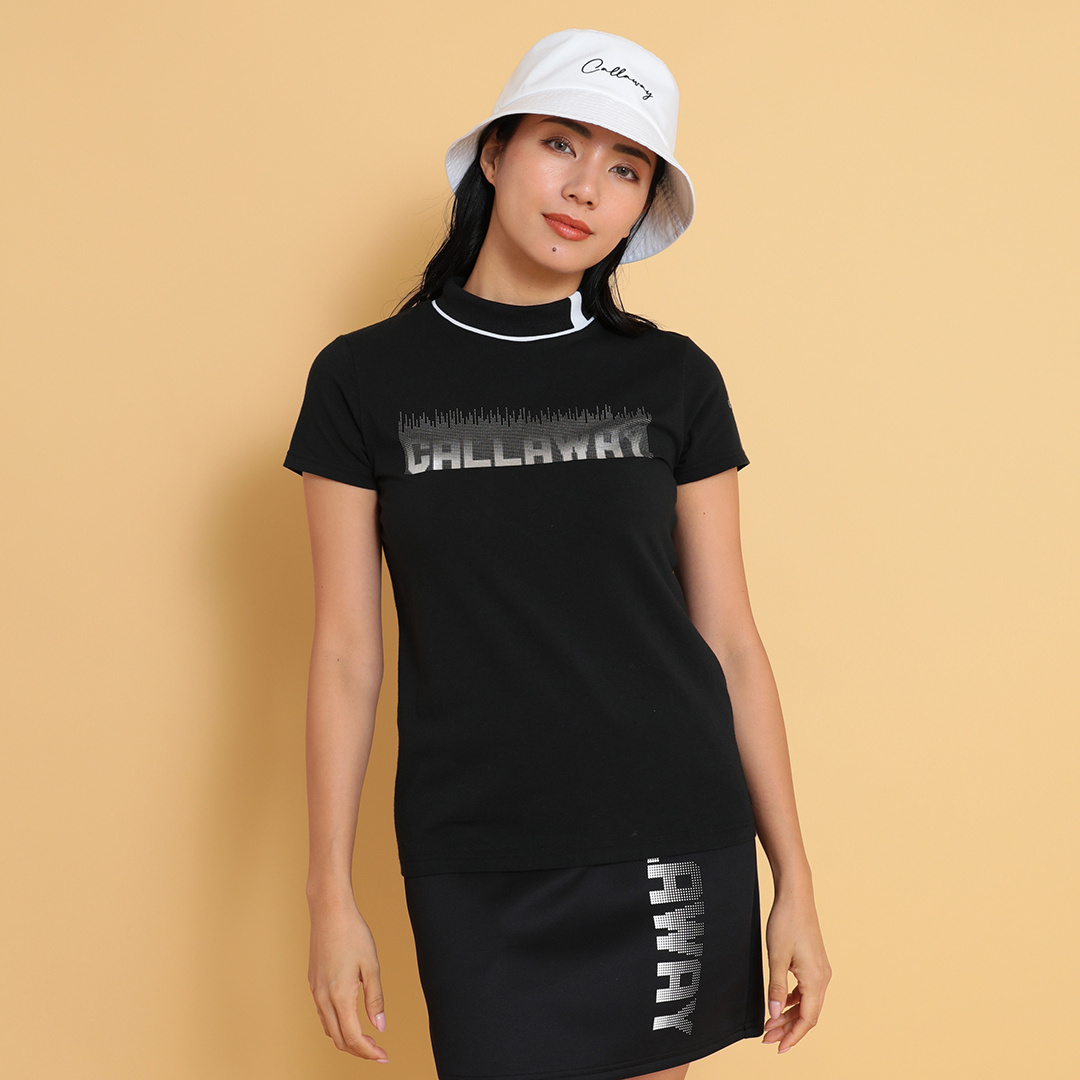 LPFG ウィメンズ オールオーバー 半袖モックネックシャツ新品 メタリックロゴ半袖モックネックシャツ (WOMENS)