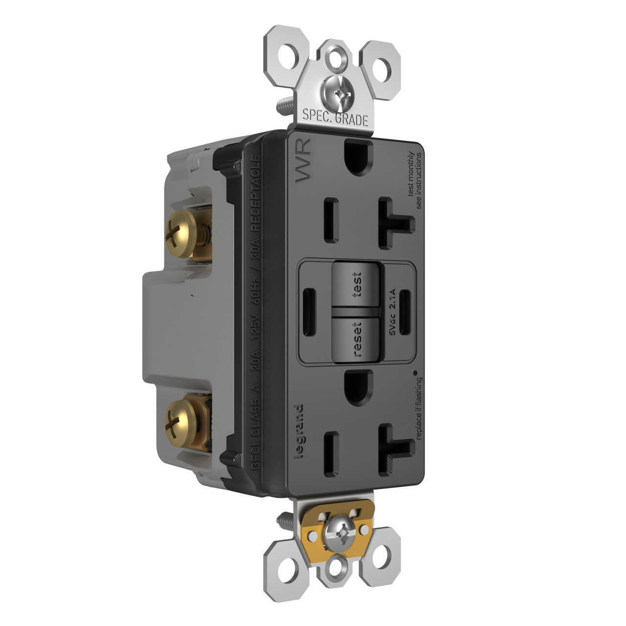 radiant® 20A Tamper-Resisant Outdoor Self-Test GFCI USB Type-C/C Outlet