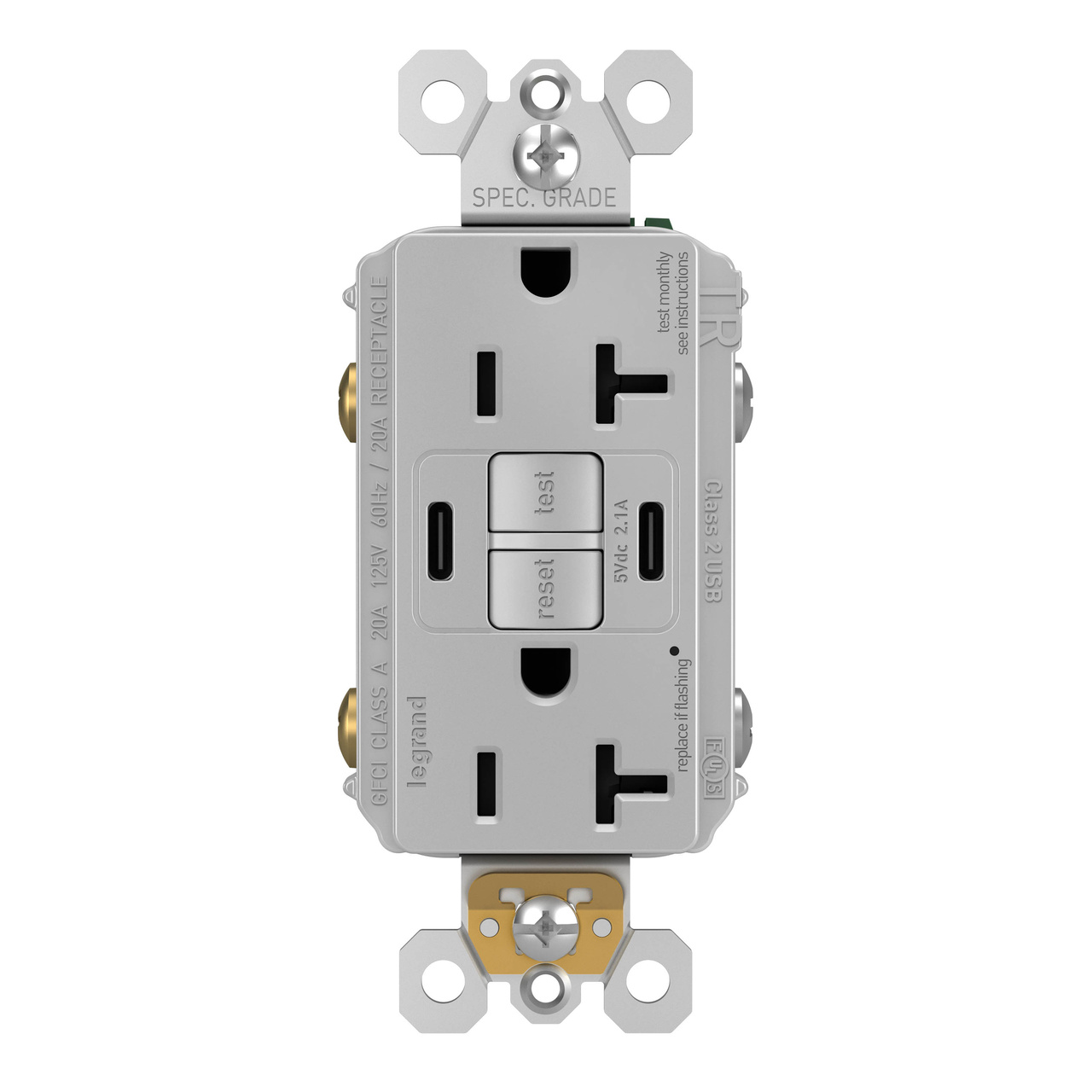 radiant Collection 20 amp GFCI USB Type C/C Outlet in Gray