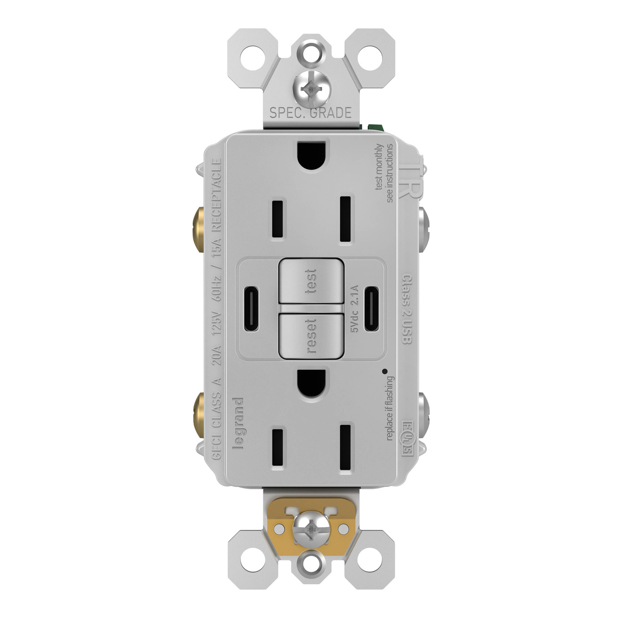 radiant Collection GFCI USB Type C/C Outlet in Gray