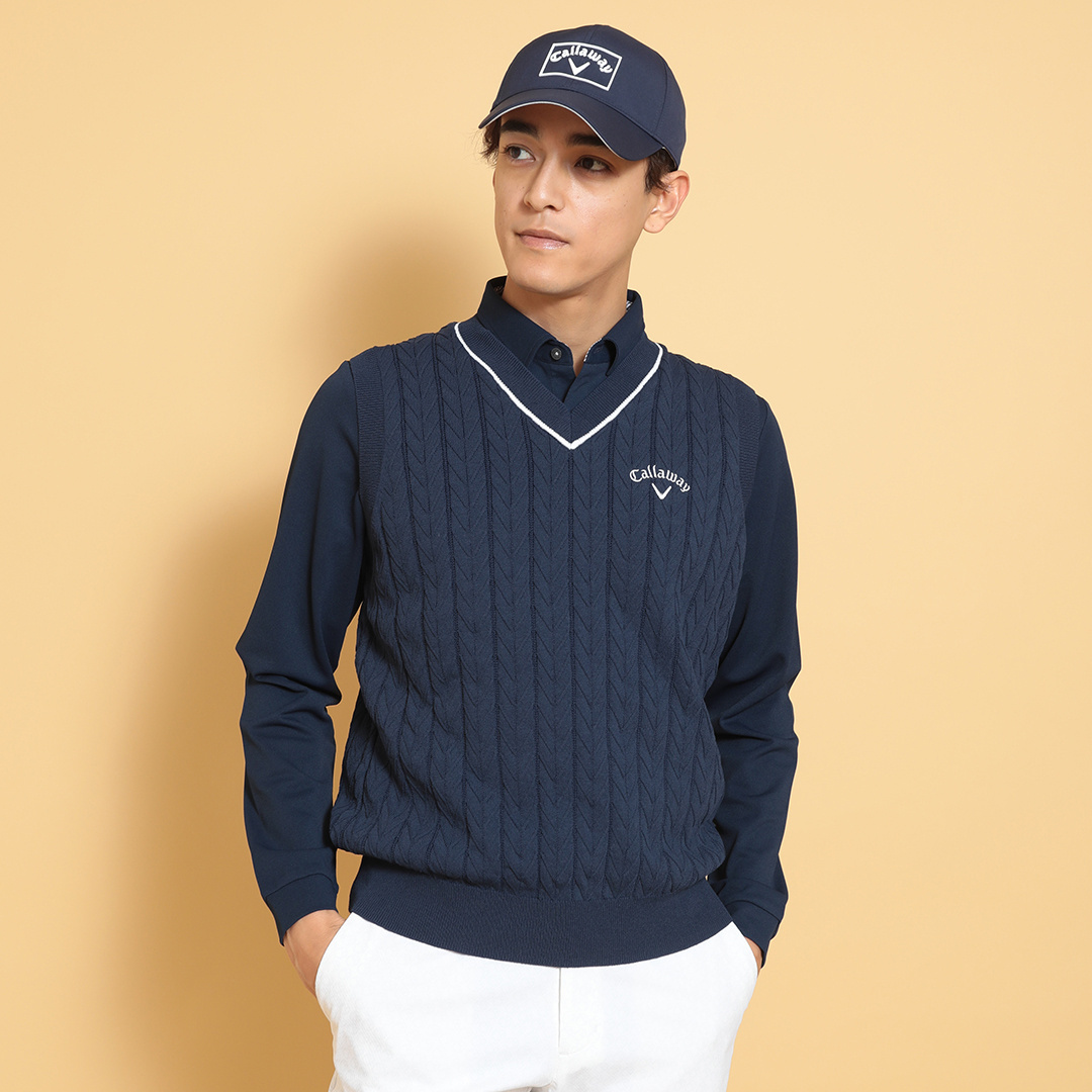 ヘリンボーンVネックニットベスト (MENS)