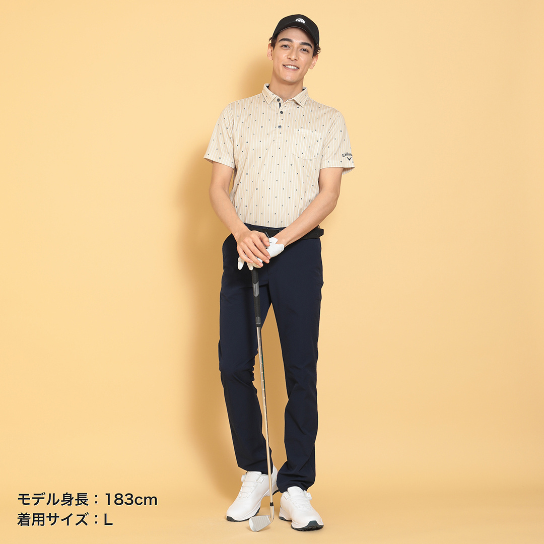 ポリエステルハニカムストライプ柄半袖シャツ (MENS)