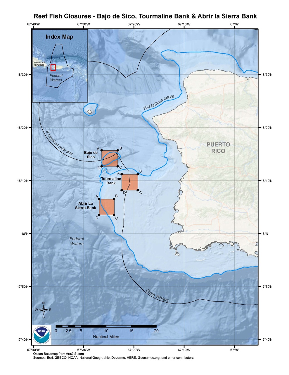 This is a map of the red hind spawning closure area in the waters west of Puerto Rico in the U.S. Caribbean.