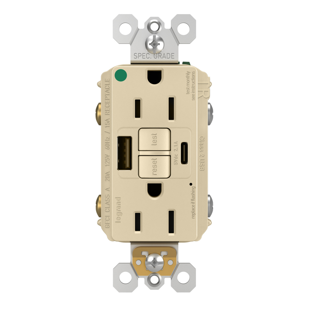 radiant® 15A Hospital-Grade Tamper-Resisant Self-Test GFCI USB Type-A/C Outlet