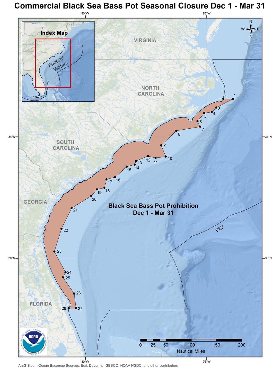 This is a map of the commercial black sea bass pot closure Dec 1-Mar 31 in the South Atlantic Region.