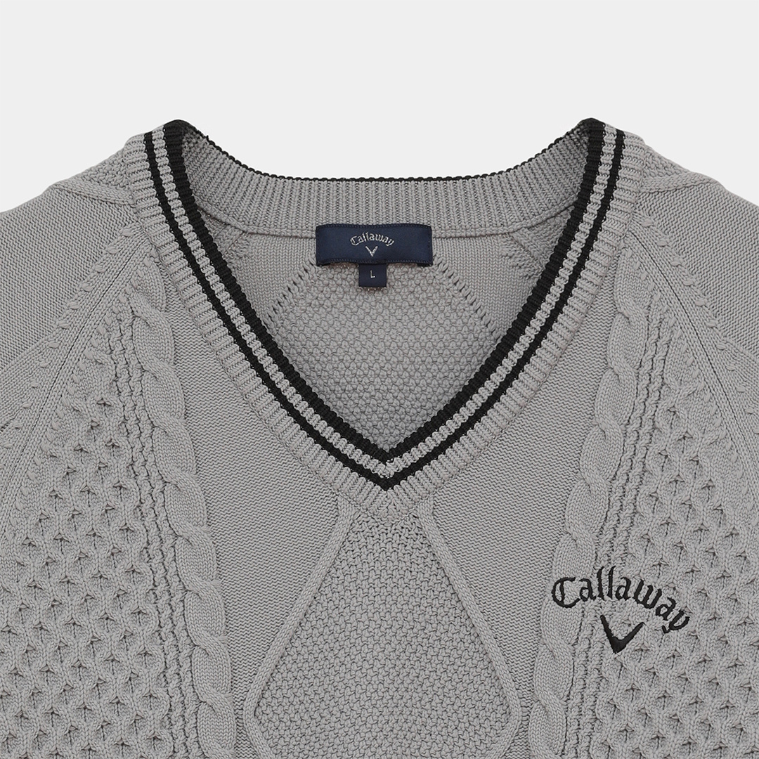 ケーブル編みポリエステルVネックニット (MENS)