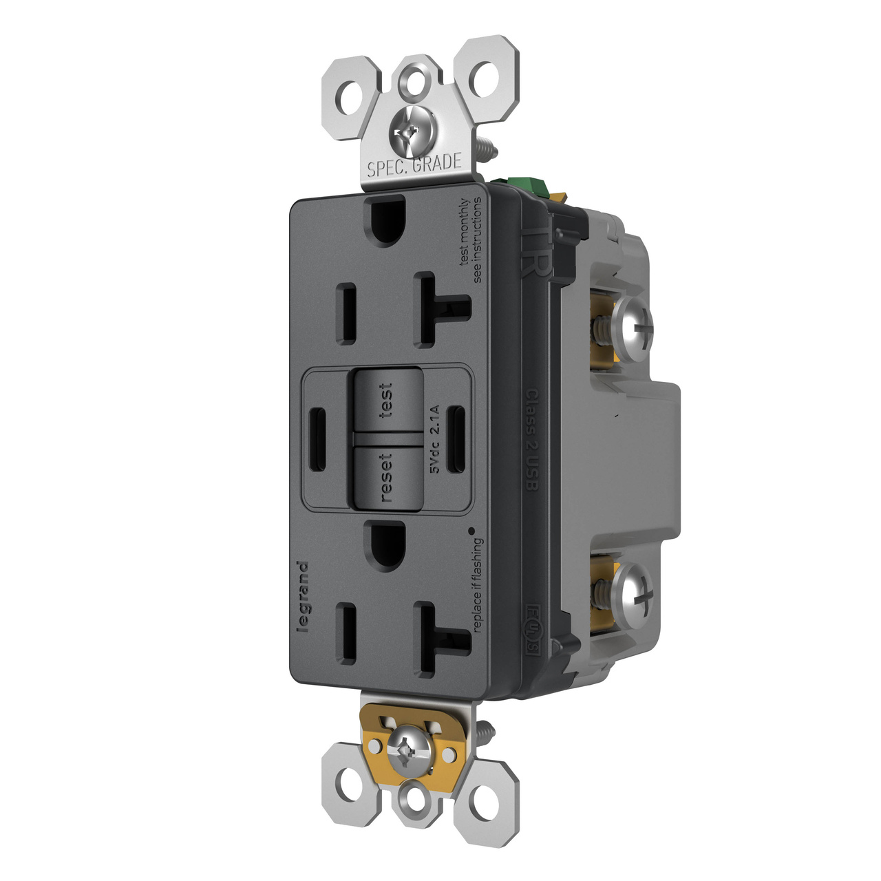radiant Collection 20 amp GFCI USB Type C/C Outlet in Graphite