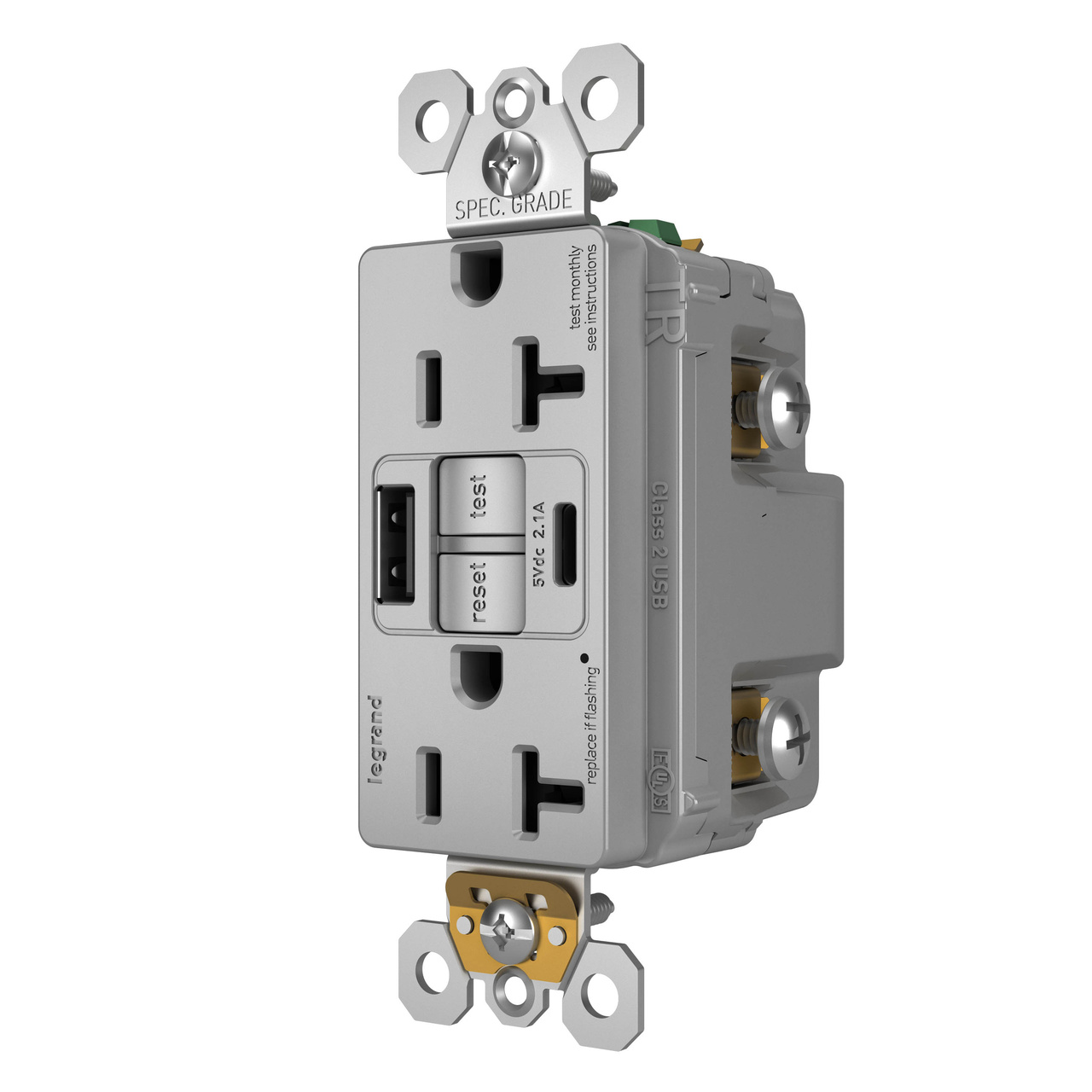 radiant Collection 20 amp GFCI USB Type A/C Outlet in Gray