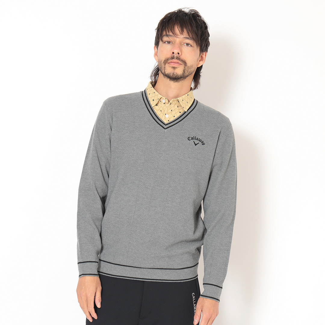 へリンボン編みポリエステルVネックニット (MENS)