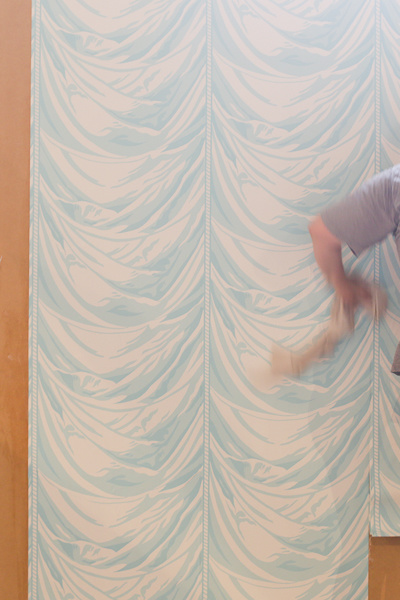 Dreamy, swag-like wallpaper is hung — we can't wait to see the finished room! Dreamy, swag-like wallpaper is hung — we can't wait to see the finished room!