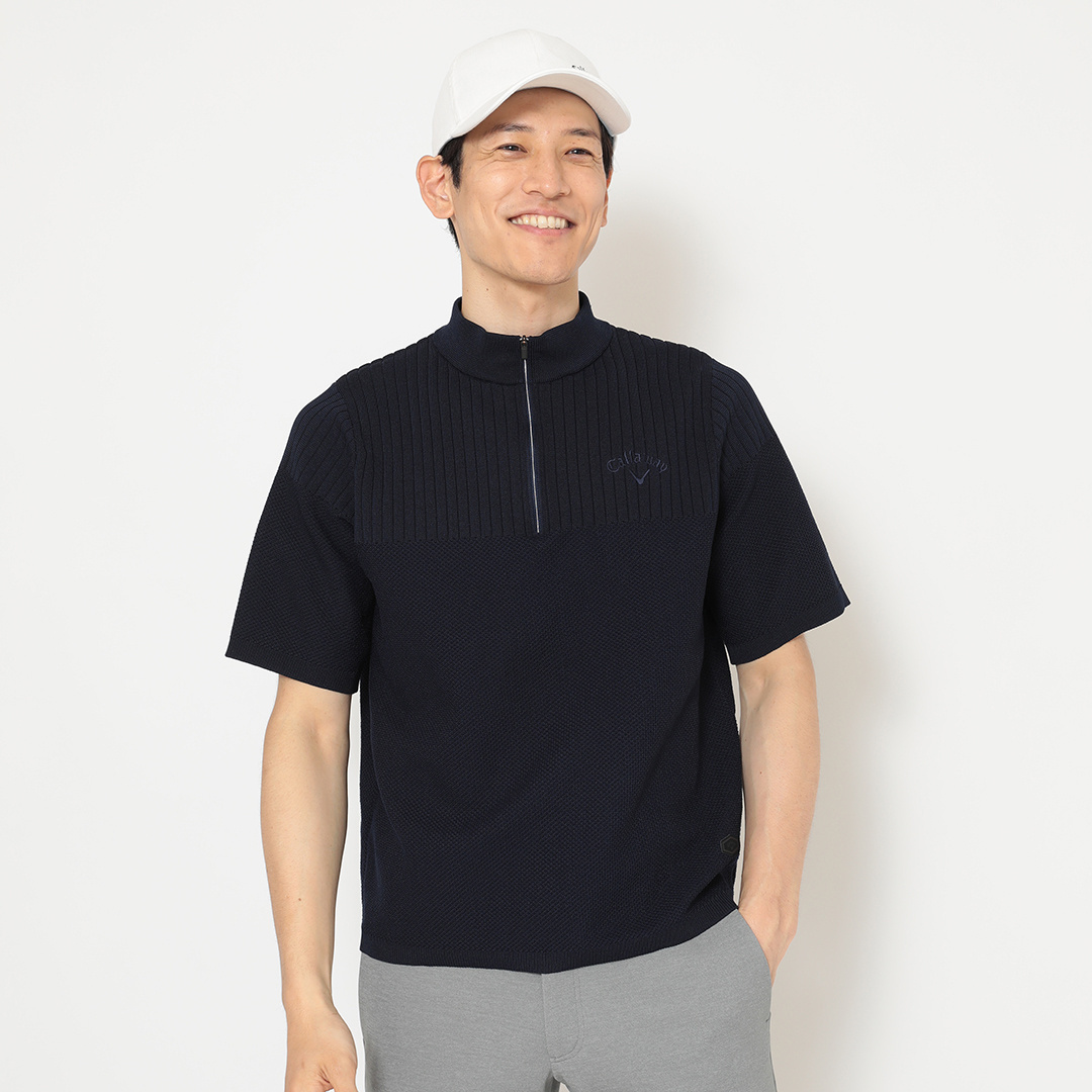 半袖ハーフジップモックネックニット ※4Lサイズあり (MENS)