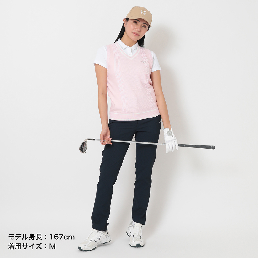 ケーブル編みポリエステルVネックニットベスト (WOMENS)