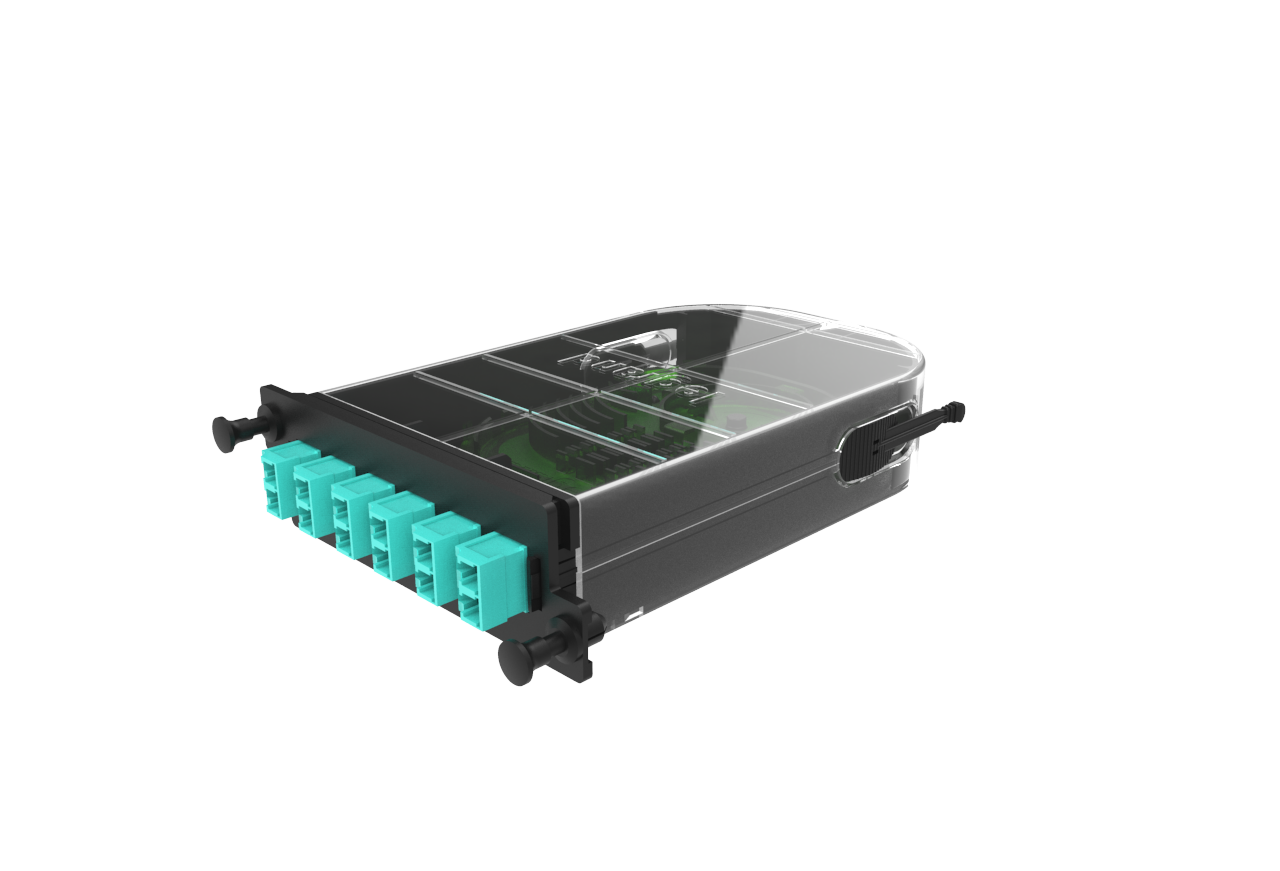 Image of teal and black cassette with transparent top and 12 ribbon fiber LC adapters