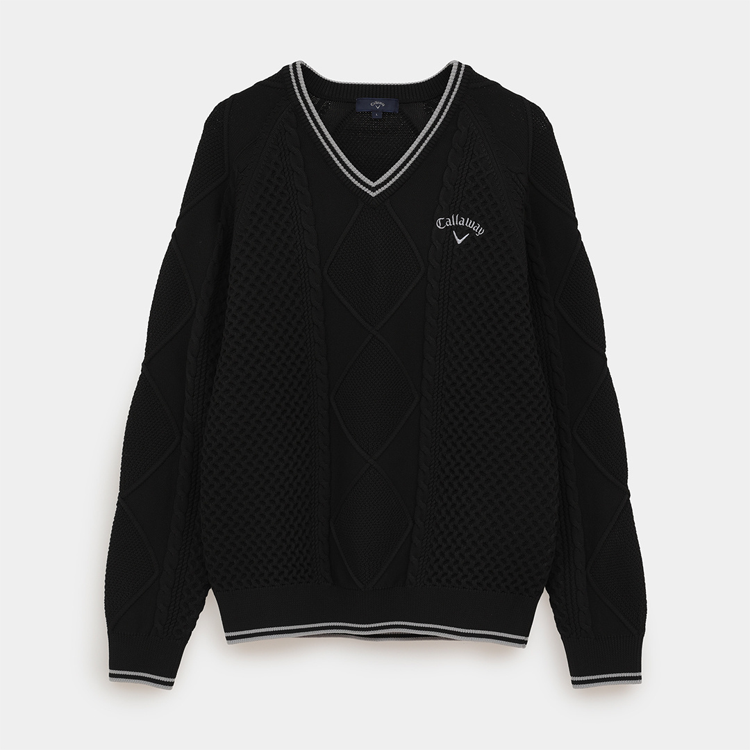 ケーブル編みポリエステルVネックニット (MENS)