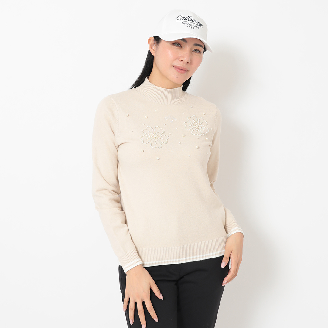 フラワーパールモチーフハイネックニット (WOMENS)