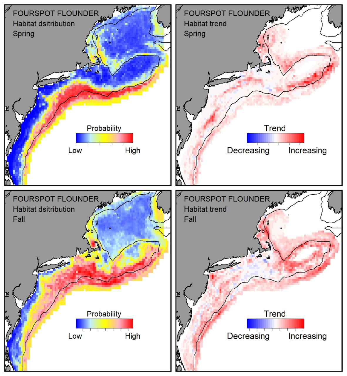 Probable habitat distribution for fourspot flounder showing the highest concentration and increasing trend in the Gulf of Maine during the spring. Bottom row: Probable habitat distribution for fourspot flounder showing the highest concentration and increasing trend in the Gulf of Maine during the fall.