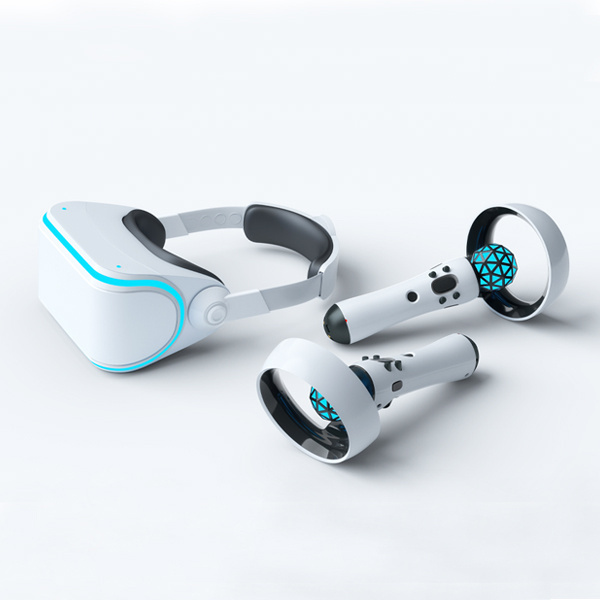 A white VR headset and two VR game controllers, each with blue and black detailing