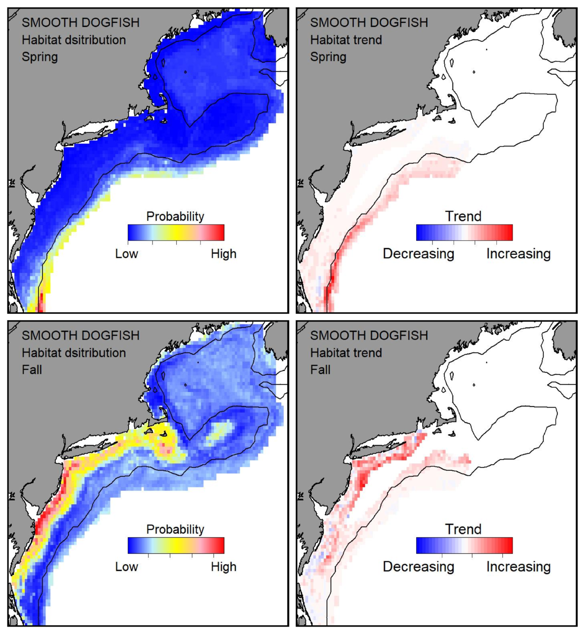 Top row: Probable habitat distribution for smooth dogfish showing the highest concentration and increasing trend in the Gulf of Maine during the spring. Bottom row: Probable habitat distribution for smooth dogfish showing the highest concentration and increasing trend in the Gulf of Maine during the fall.