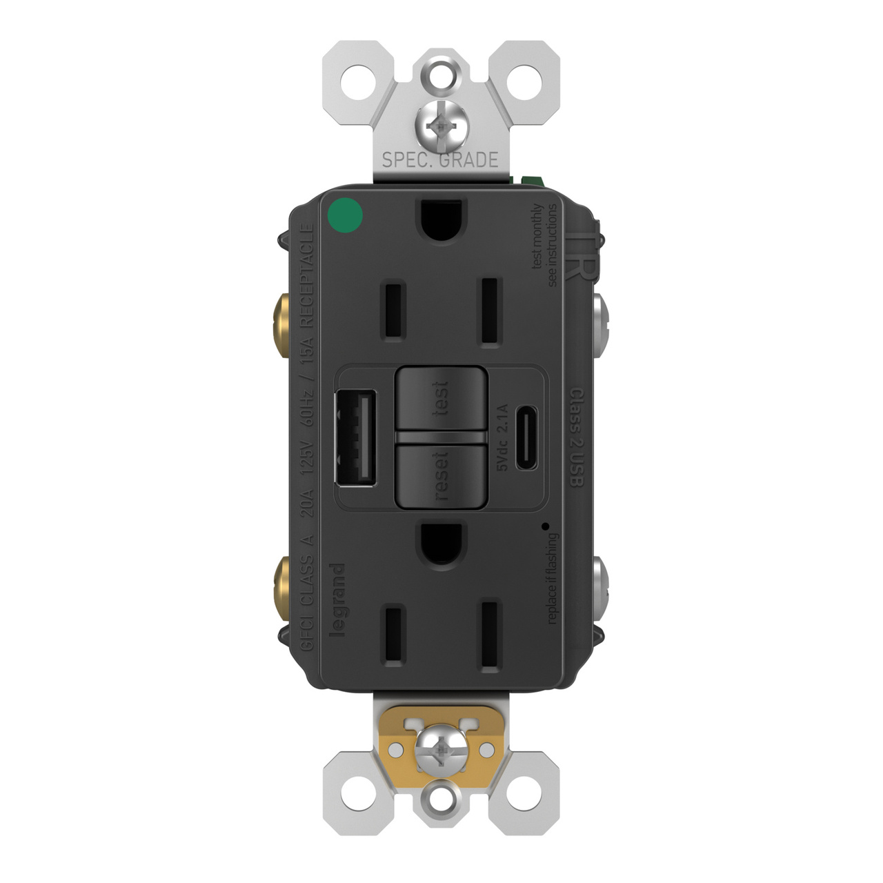 radiant® 15A Hospital-Grade Tamper-Resisant Self-Test GFCI USB Type-A/C Outlet