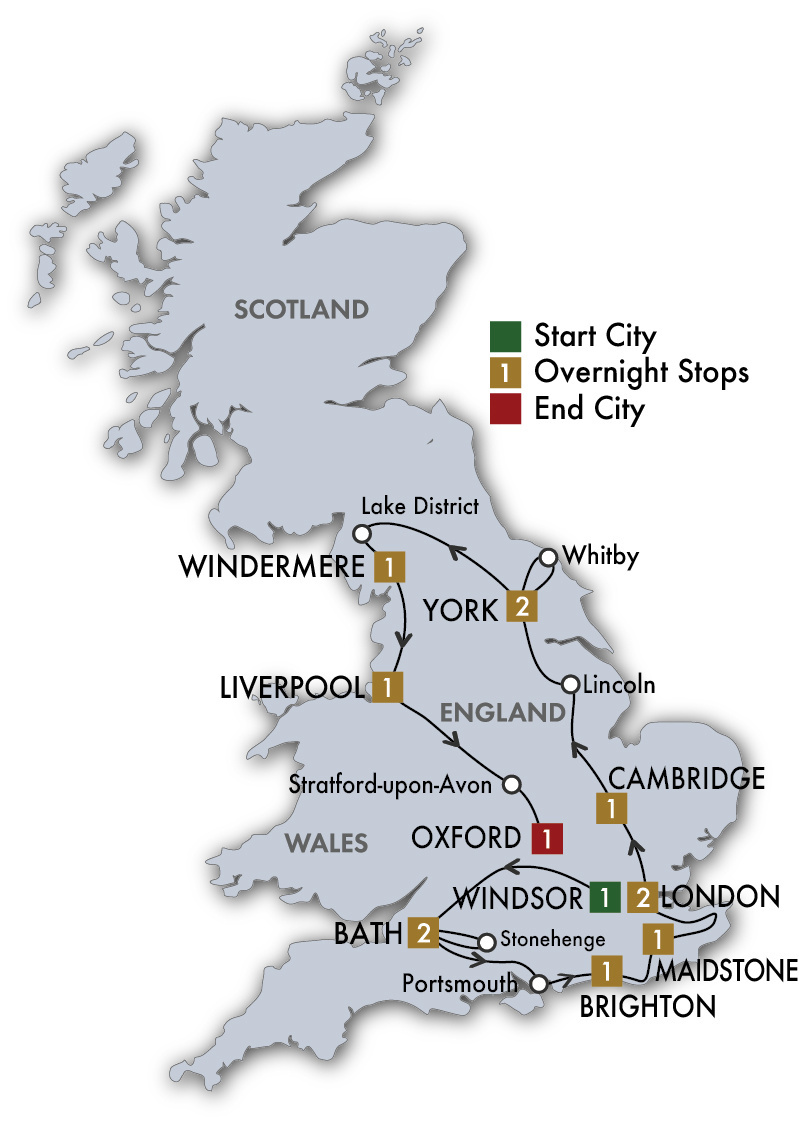 CIE Tours Tour Map  - 2023 - 14 Day English Odyssey