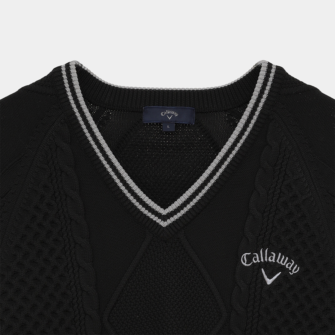 ケーブル編みポリエステルVネックニット (MENS)
