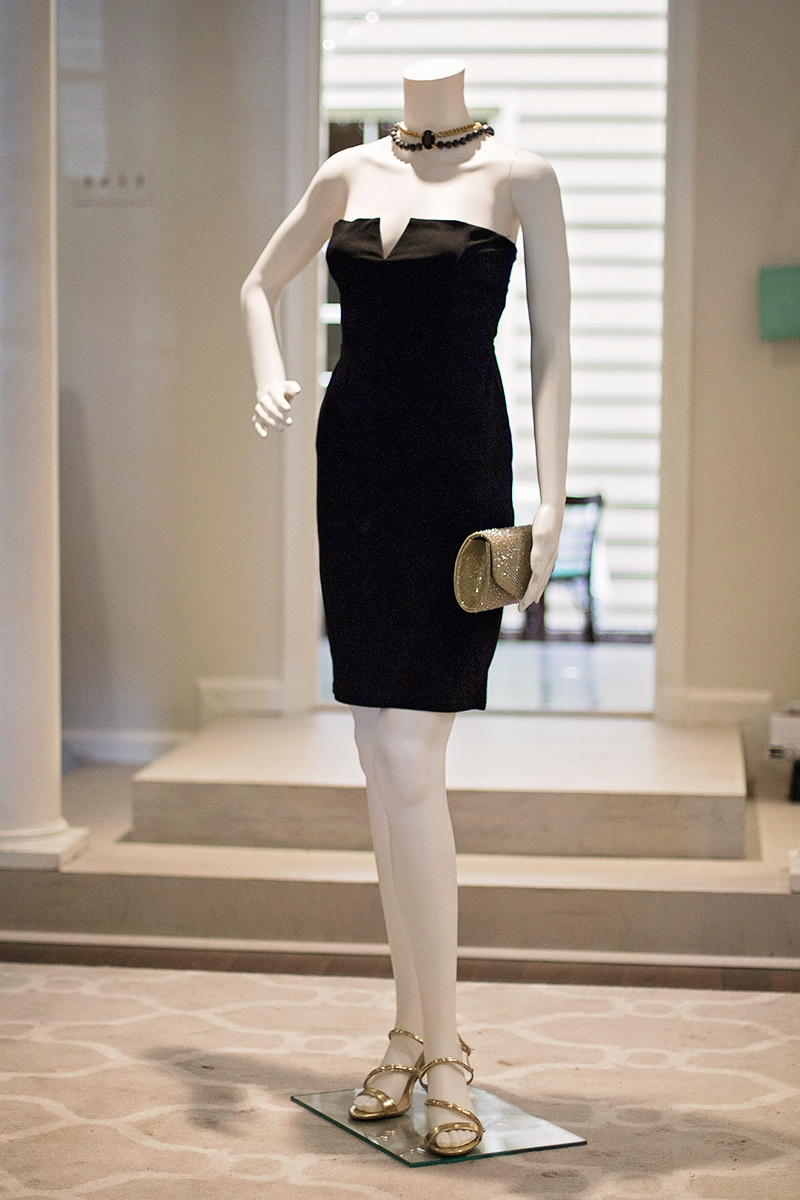 From More Therapy: Bishop and Young black tube dress, $105; Bamboo Tully gold heels, $32; Melie Bianco gold Jolene Clutch, $50; Statement necklace, $86 From More Therapy: Bishop and Young black tube dress, $105; Bamboo Tully gold heels, $32; Melie Bianco gold Jolene Clutch, $50; Statement necklace, $86