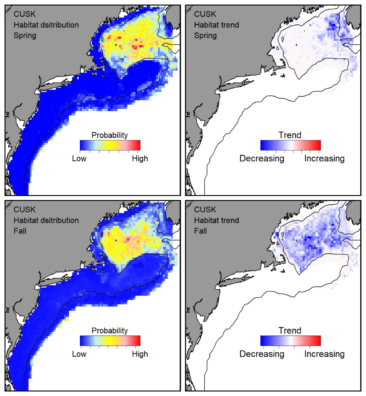 Probable habitat distribution for cusk showing the highest concentration and increasing trend in the Gulf of Maine during the spring. Bottom row: Probable habitat distribution for cusk showing the highest concentration and increasing trend in the Gulf of Maine during the fall.