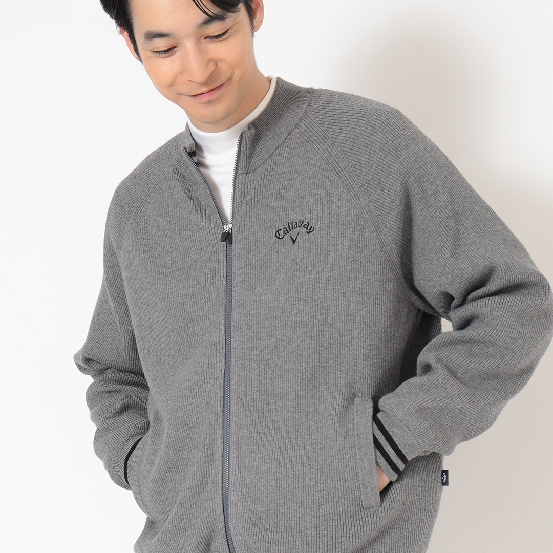 リブフルジップ長袖ニット防風裏地付き (MENS)