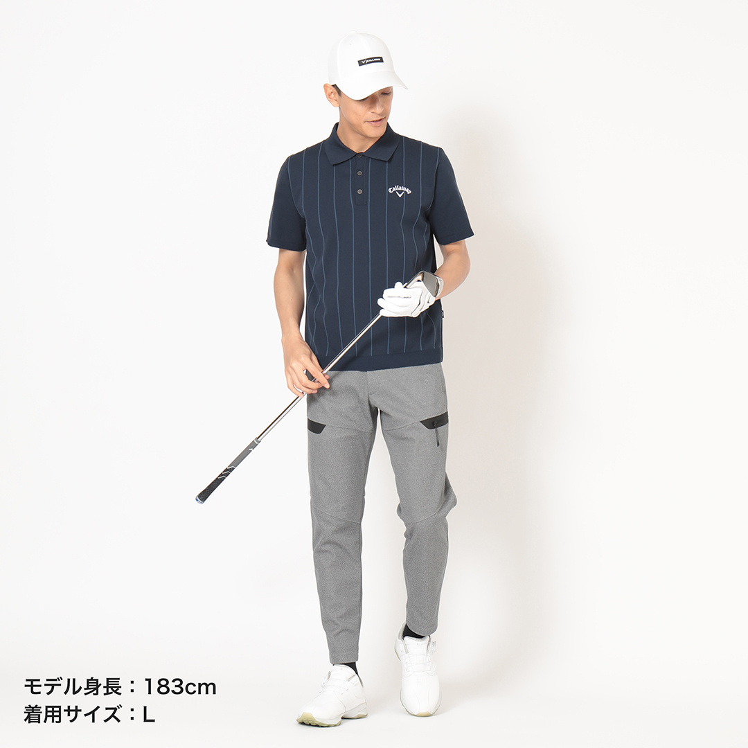 ストライプインターシャ半袖ニットポロ (MENS)