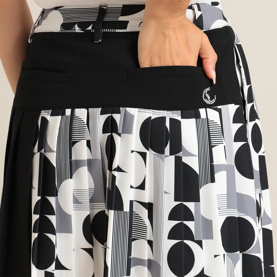 8WAYストレッチ ジオメトリックプリントダブルサテンスカート