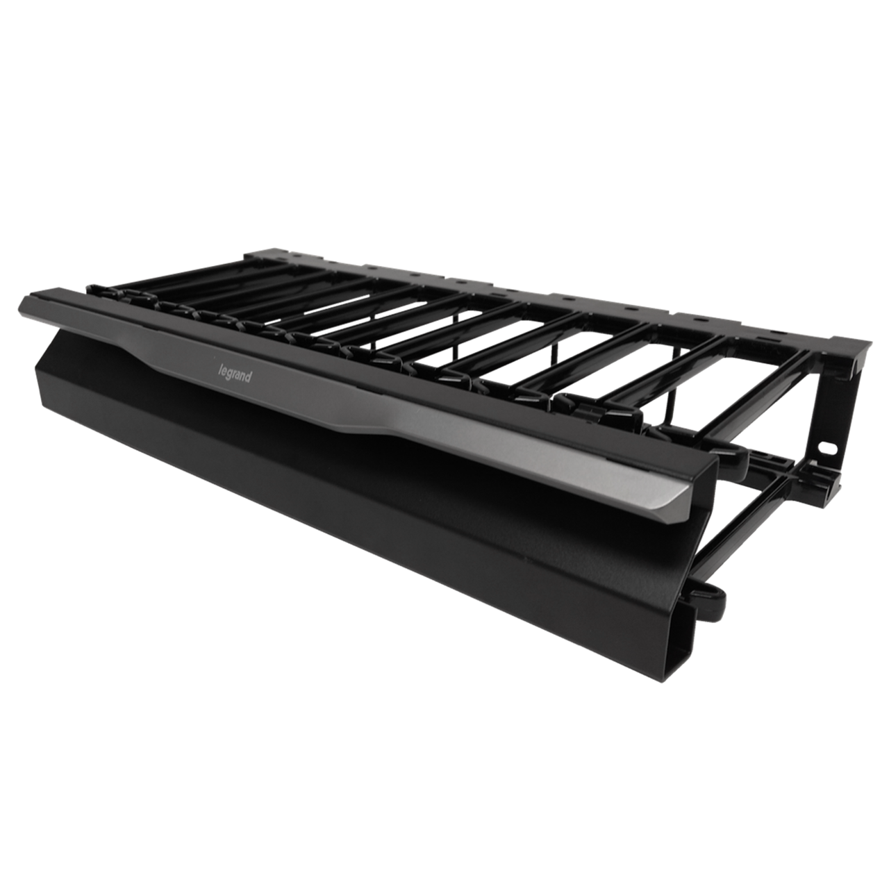 Black Mighty Mo 20 2RU cable manager in the closed position