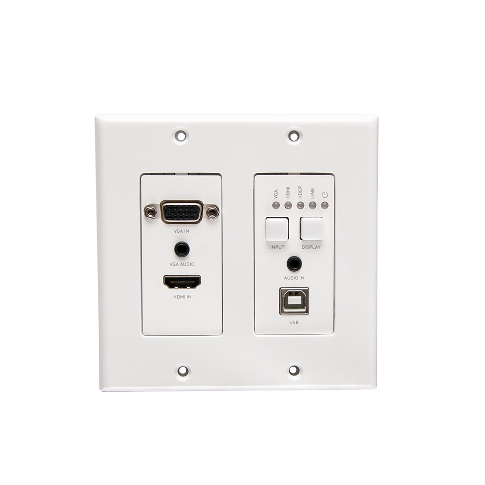 HDMI HDBaseT + VGA, 3.5mm, and USB-A to B over Cat Extender Dual Gang Wall Plate Transmitter to Box Receiver - 4K 60Hz