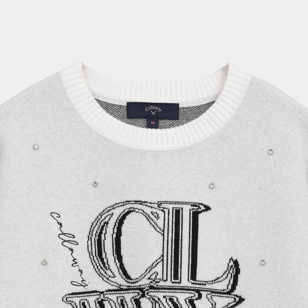 クルーネック長袖ラインストーン付きニット (WOMENS)