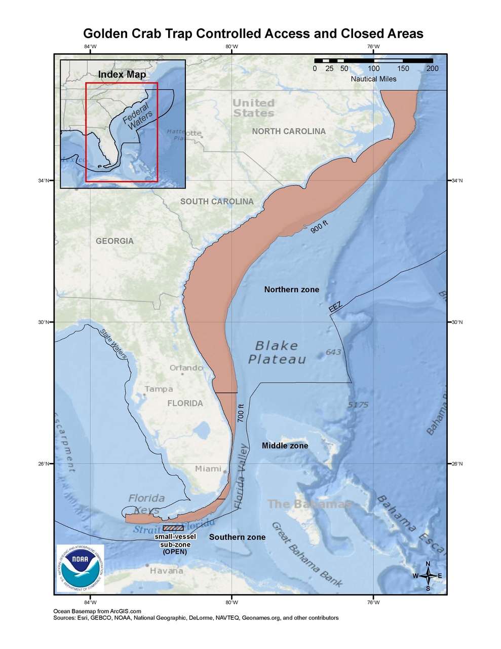 This is a map of golden crab trap fishing zones and closed areas in the South Atlantic Region.