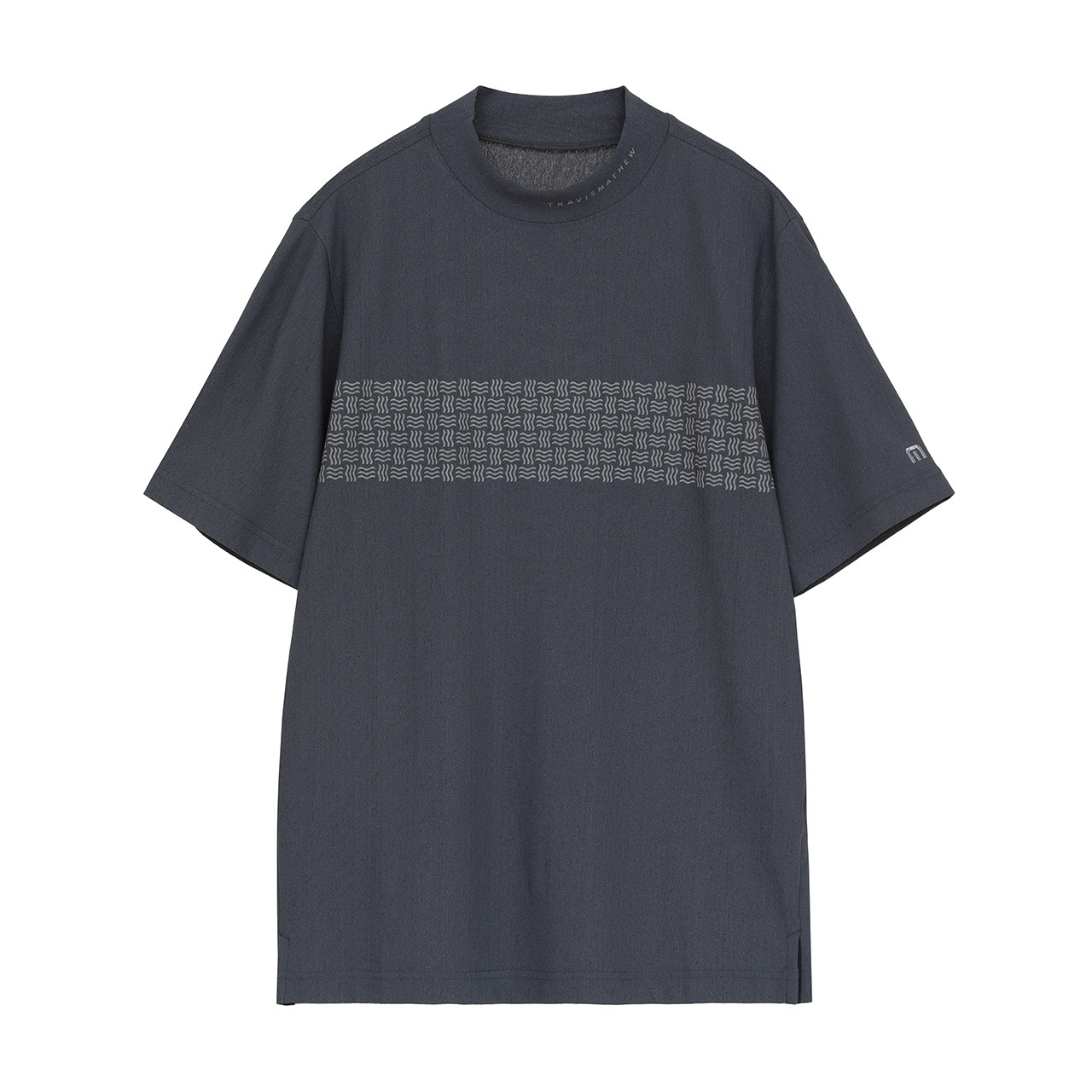 ラッセル編み半袖チェストプリントモックネック(MENS)