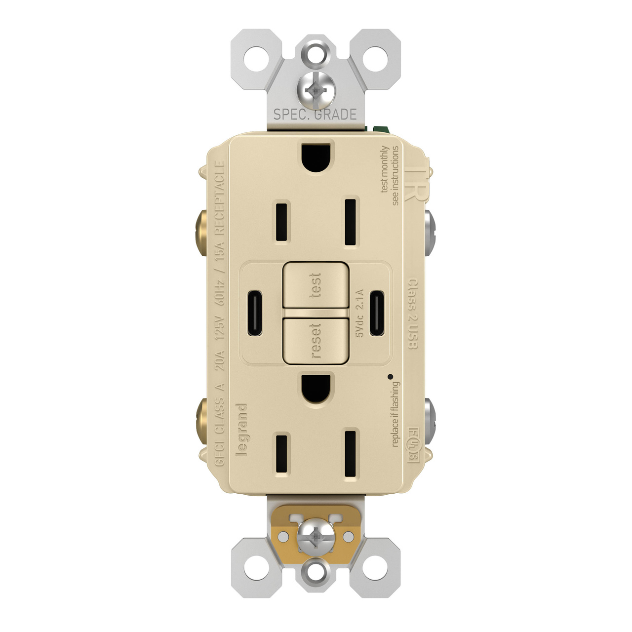 radiant Collection GFCI USB Type C/C Outlet in Ivory