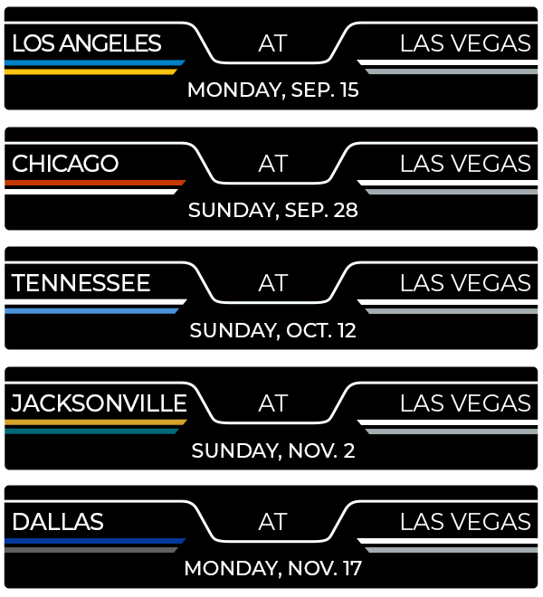 Los Angeles at Las Vegas, Monday, September 15; Chicago at Las Vegas, Sunday, September 28; Tennessee at Las Vegas, Sunday, October 12; Jacksonville at Las Vegas, Sunday, November 2; Dallas at Las Vegas, Monday, November 17