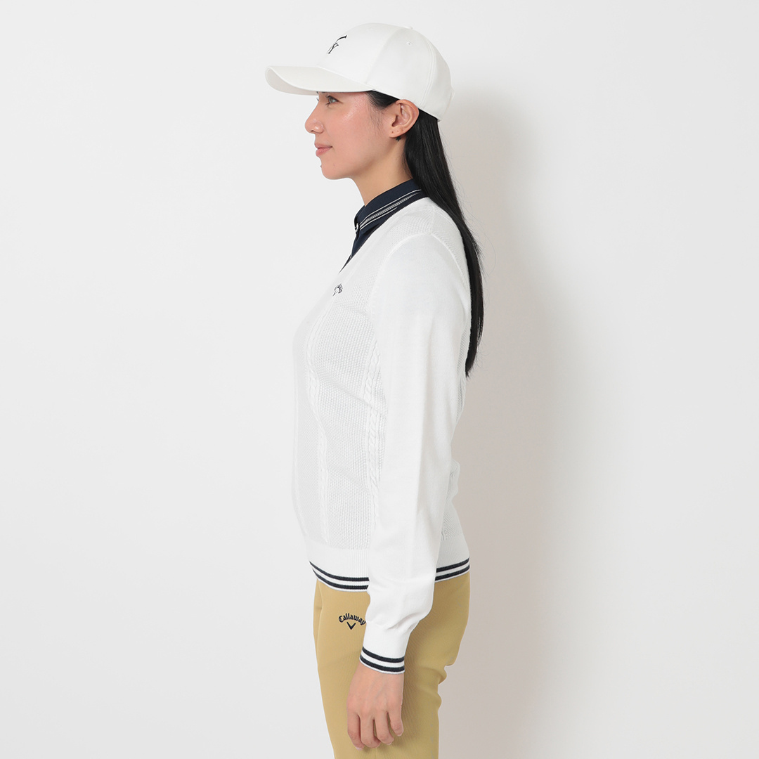 ケーブル編みポリエステルVネックニット (WOMENS)