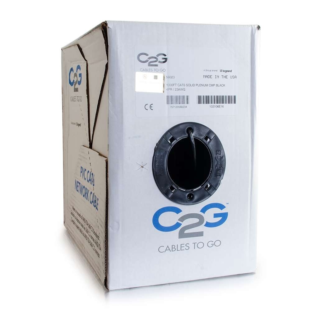 Cat6 Bulk Unshielded (UTP) Ethernet Network Cable with Solid Conductors - Plenum CMP-Rated - Black (TAA)