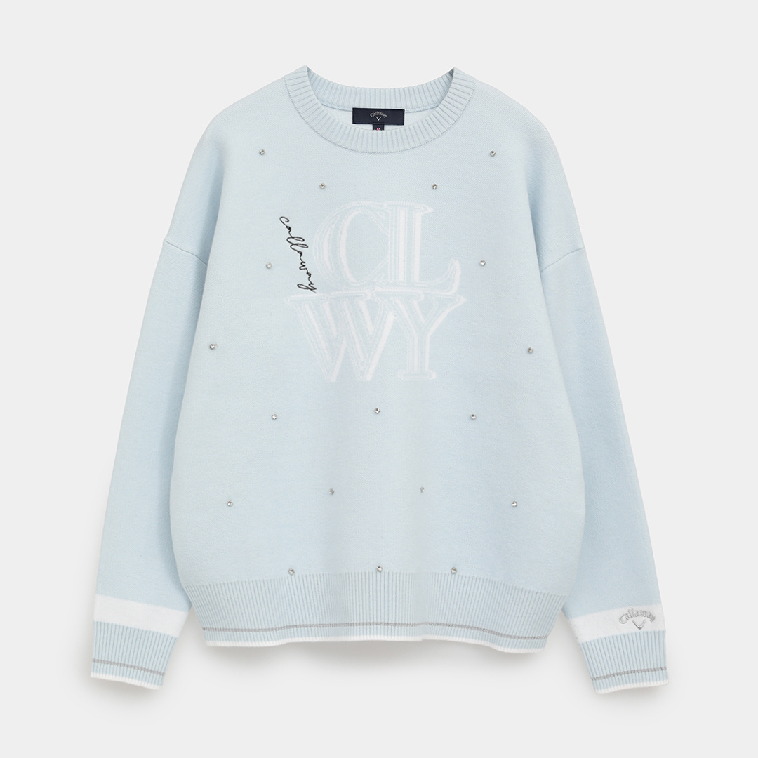 クルーネック長袖ラインストーン付きニット (WOMENS)