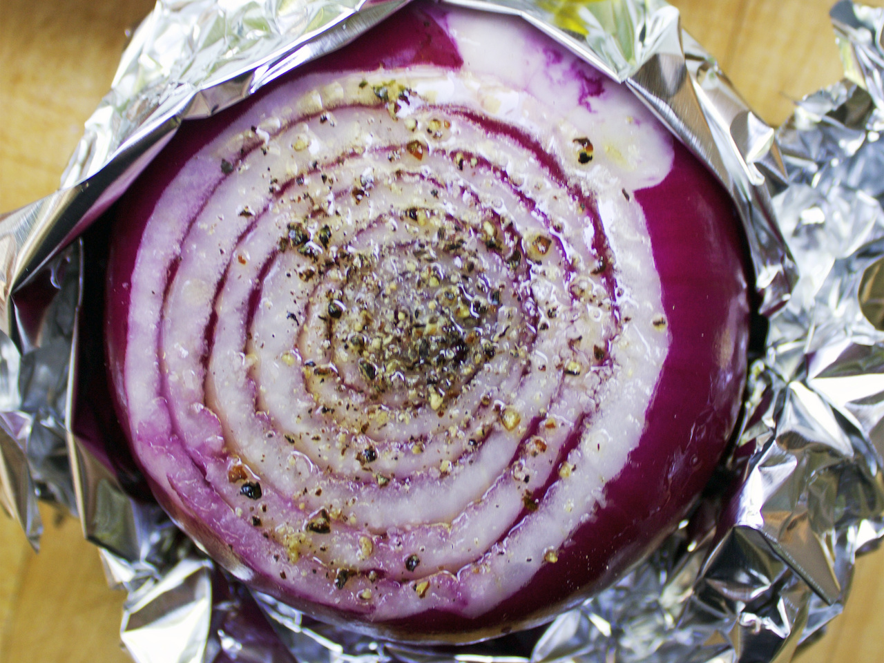 Be sure to wrap your red onion in foil when on the grill. Be sure to wrap your red onion in foil when on the grill.