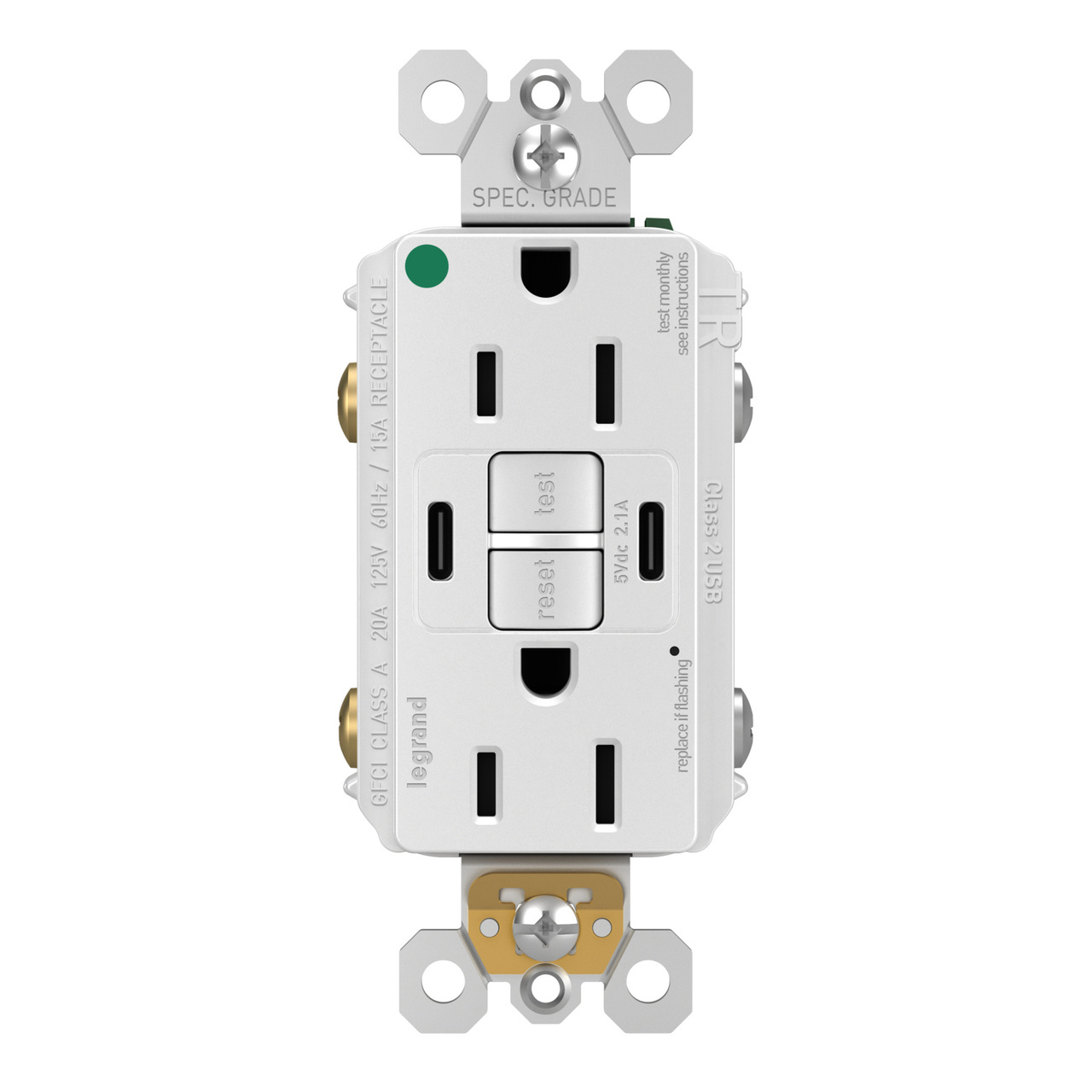radiant® 15A Hospital-Grade Tamper-Resisant Self-Test GFCI USB Type-C/C Outlet