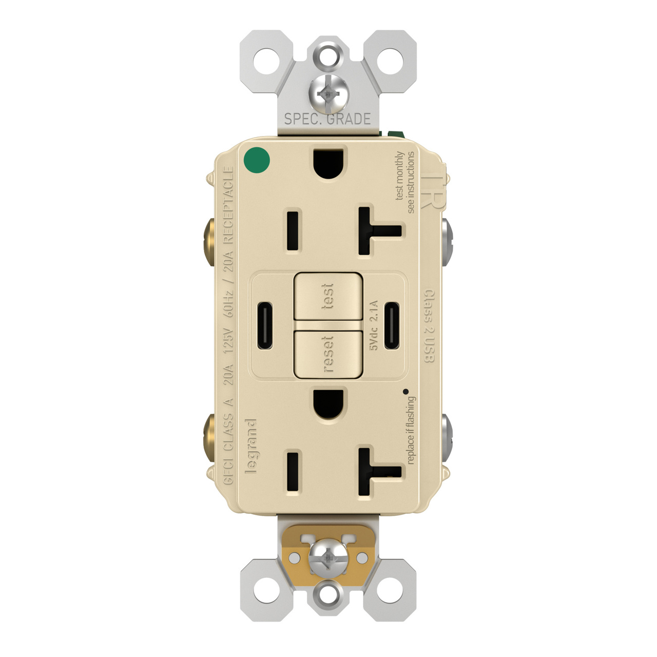 radiant® 20A Hospital-Grade Tamper-Resisant Self-Test GFCI USB Type-C/C Outlet