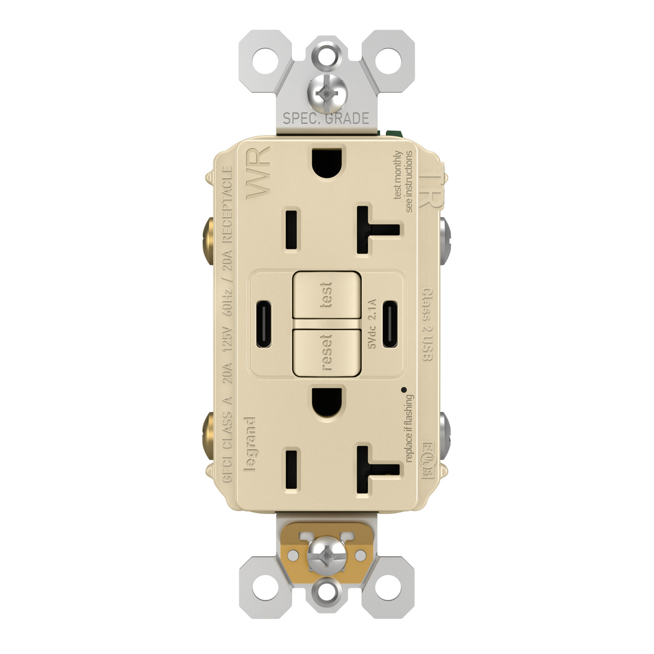 radiant® 20A Tamper-Resisant Outdoor Self-Test GFCI USB Type-C/C Outlet
