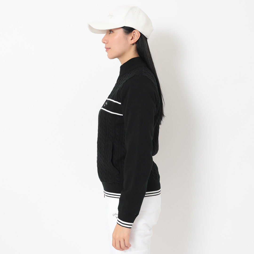 ケーブル編みフルジップ防風裏地付きアクリルニット (WOMENS)