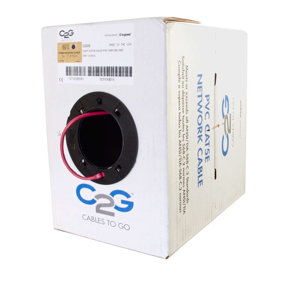 Cat5e Bulk Unshielded (UTP) Ethernet Network Cable with Solid Conductors - Riser CMR-Rated - Red (TAA)