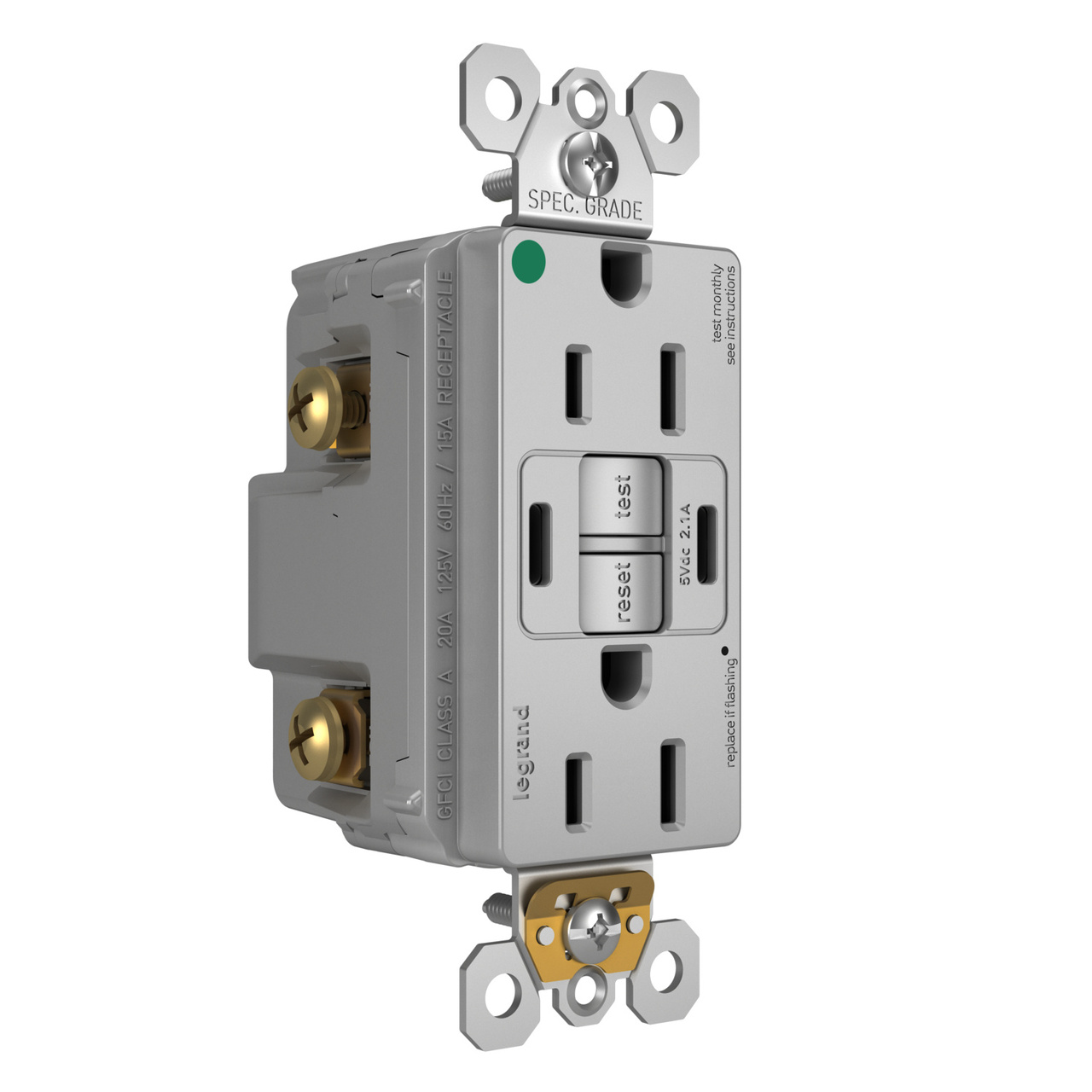 radiant® 15A Hospital-Grade Tamper-Resisant Self-Test GFCI USB Type-C/C Outlet