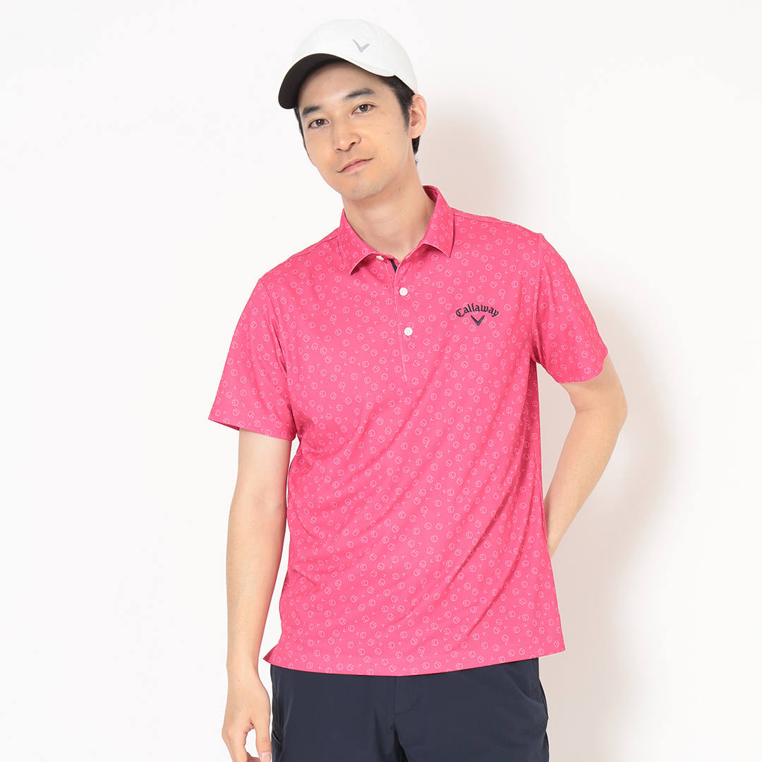 ハニカムメッシュストライプ×小花柄半袖シャツ (MENS)