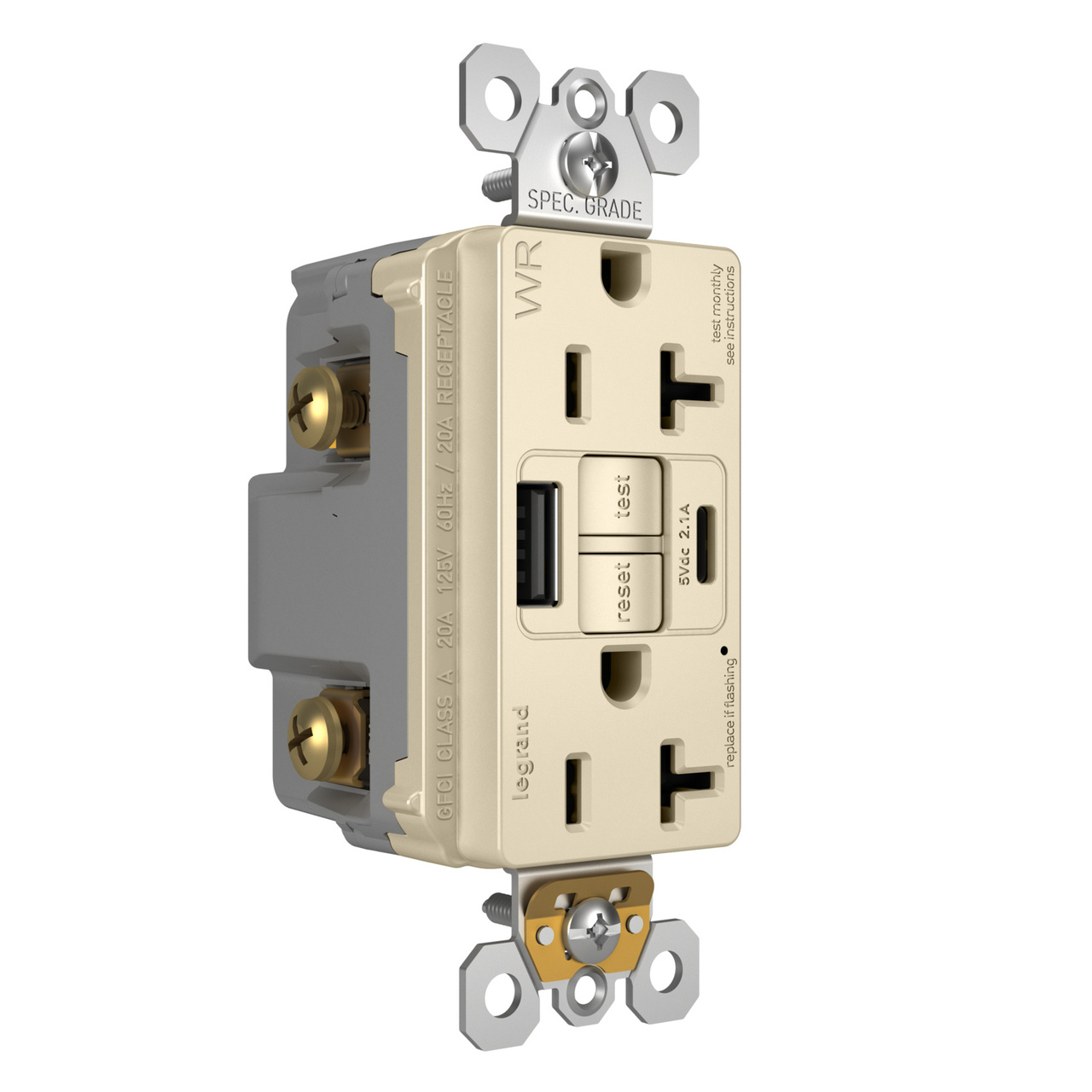 radiant® 20A Tamper-Resisant Outdoor Self-Test GFCI USB Type-A/C Outlet
