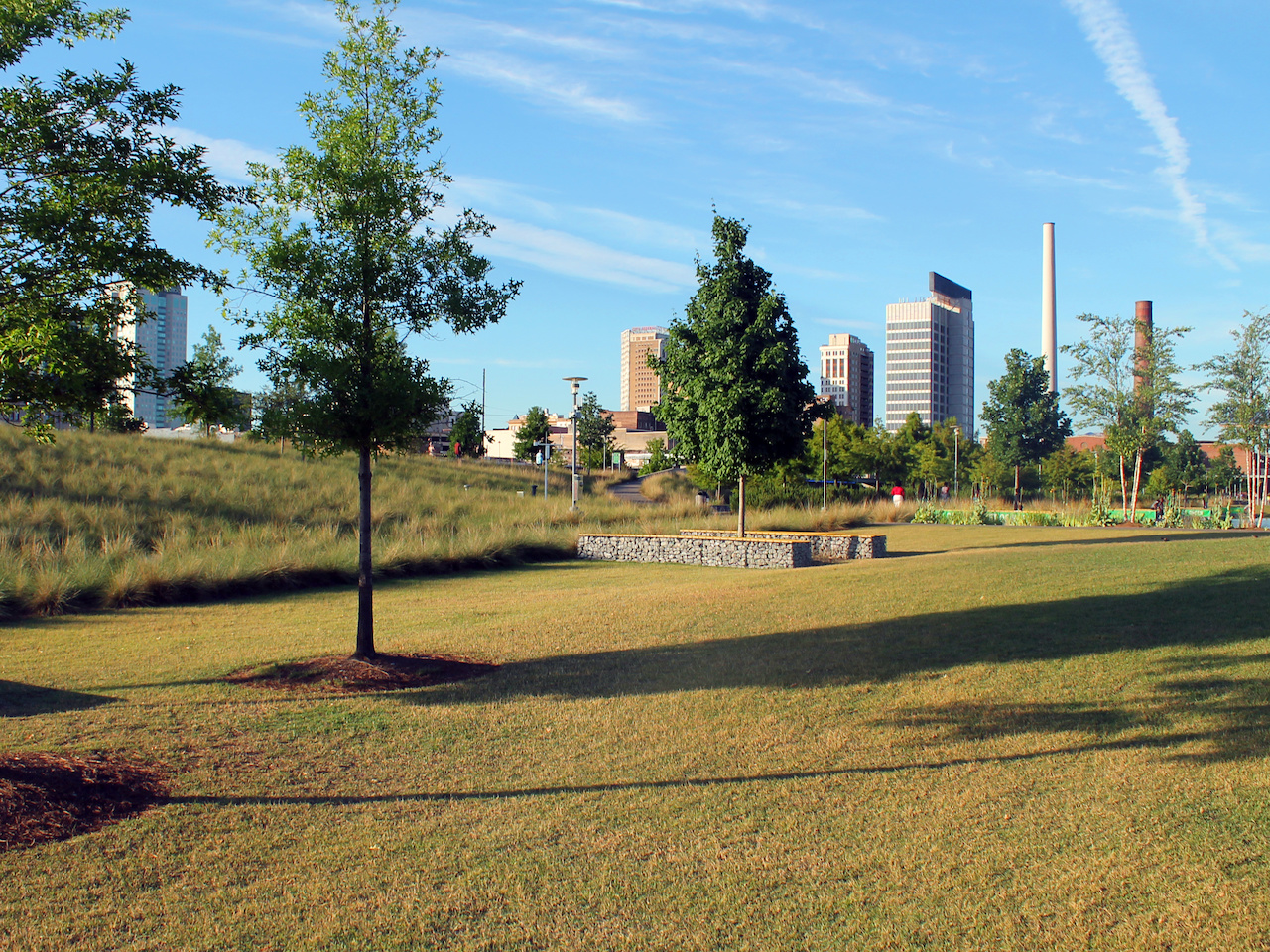 There is ample space for picnics, frisbee or simply reading a book on a blanket at Railroad Park. There is ample space for picnics, frisbee or simply reading a book on a blanket at Railroad Park.